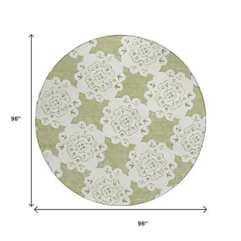8' Artichoke Green And Ivory Round Quatrefoil Washable Indoor Outdoor Area Rug