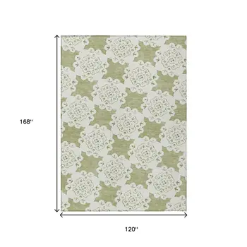 10' X 14' Artichoke Green And Ivory Quatrefoil Washable Indoor Outdoor Area Rug