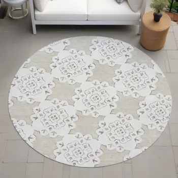 8' Beige And Ivory Round Quatrefoil Washable Indoor Outdoor Area Rug