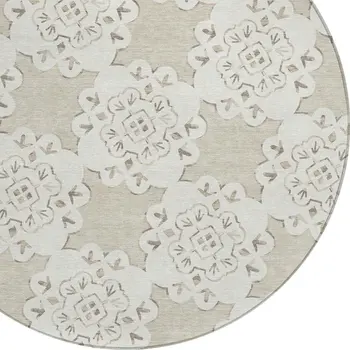 8' Beige And Ivory Round Quatrefoil Washable Indoor Outdoor Area Rug