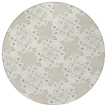 8' Beige And Ivory Round Quatrefoil Washable Indoor Outdoor Area Rug