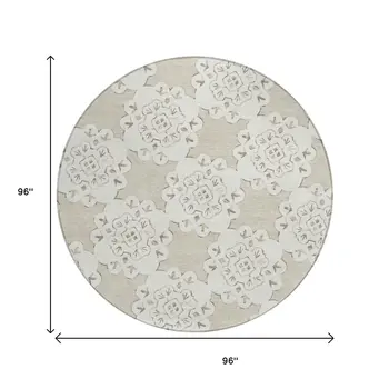 8' Beige And Ivory Round Quatrefoil Washable Indoor Outdoor Area Rug