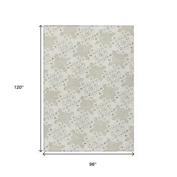 8' X 10' Beige And Ivory Quatrefoil Washable Indoor Outdoor Area Rug