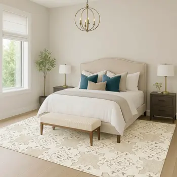 8' X 10' Beige And Ivory Quatrefoil Washable Indoor Outdoor Area Rug