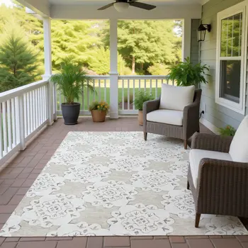 8' X 10' Beige And Ivory Quatrefoil Washable Indoor Outdoor Area Rug