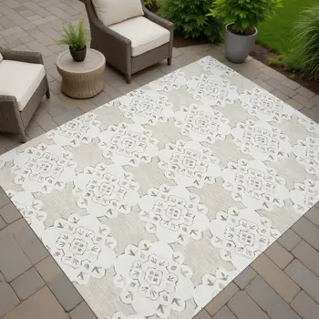 9' X 12' Beige And Ivory Quatrefoil Washable Indoor Outdoor Area Rug