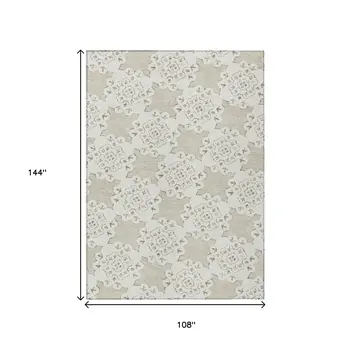 9' X 12' Beige And Ivory Quatrefoil Washable Indoor Outdoor Area Rug