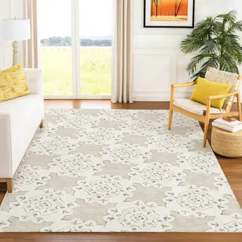 9' X 12' Beige And Ivory Quatrefoil Washable Indoor Outdoor Area Rug