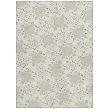 10' X 14' Beige And Ivory Quatrefoil Washable Indoor Outdoor Area Rug