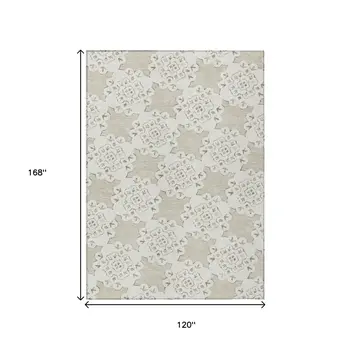 10' X 14' Beige And Ivory Quatrefoil Washable Indoor Outdoor Area Rug