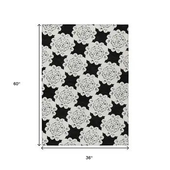 3' X 5' Black And Ivory Quatrefoil Washable Indoor Outdoor Area Rug