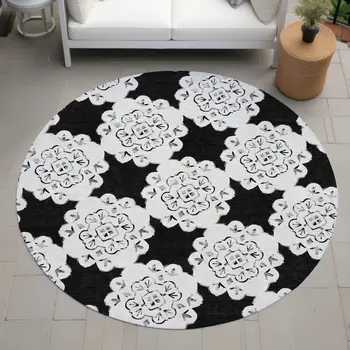 8' Black And Ivory Round Quatrefoil Washable Indoor Outdoor Area Rug