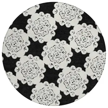 8' Black And Ivory Round Quatrefoil Washable Indoor Outdoor Area Rug