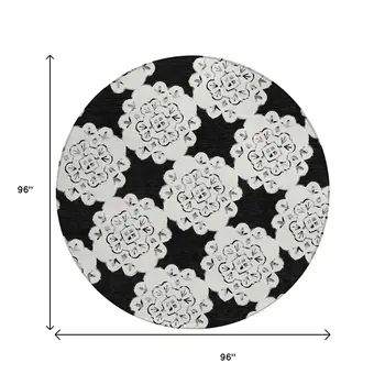 8' Black And Ivory Round Quatrefoil Washable Indoor Outdoor Area Rug