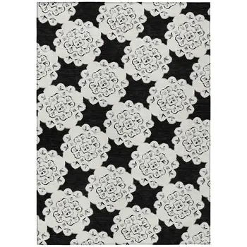 9' X 12' Black And Ivory Quatrefoil Washable Indoor Outdoor Area Rug
