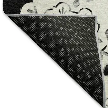 9' X 12' Black And Ivory Quatrefoil Washable Indoor Outdoor Area Rug
