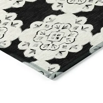 9' X 12' Black And Ivory Quatrefoil Washable Indoor Outdoor Area Rug