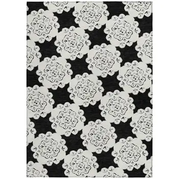 9' X 12' Black And Ivory Quatrefoil Washable Indoor Outdoor Area Rug