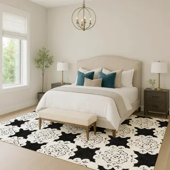 9' X 12' Black And Ivory Quatrefoil Washable Indoor Outdoor Area Rug