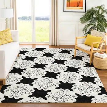 9' X 12' Black And Ivory Quatrefoil Washable Indoor Outdoor Area Rug