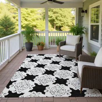 9' X 12' Black And Ivory Quatrefoil Washable Indoor Outdoor Area Rug