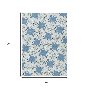 5' X 8' Blue And Ivory Quatrefoil Washable Indoor Outdoor Area Rug