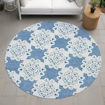 8' Blue And Ivory Round Quatrefoil Washable Indoor Outdoor Area Rug