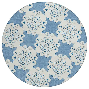 8' Blue And Ivory Round Quatrefoil Washable Indoor Outdoor Area Rug
