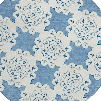 8' Blue And Ivory Round Quatrefoil Washable Indoor Outdoor Area Rug