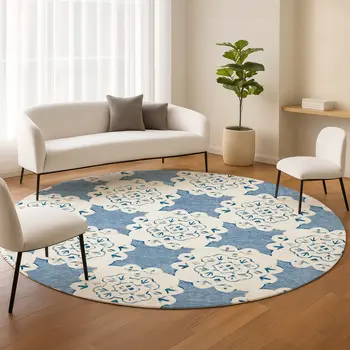 8' Blue And Ivory Round Quatrefoil Washable Indoor Outdoor Area Rug