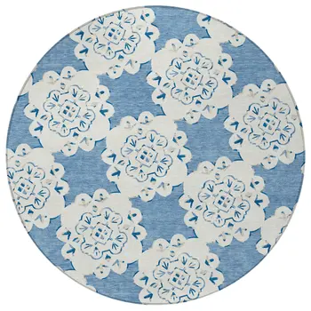 8' Blue And Ivory Round Quatrefoil Washable Indoor Outdoor Area Rug