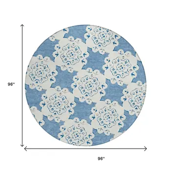 8' Blue And Ivory Round Quatrefoil Washable Indoor Outdoor Area Rug