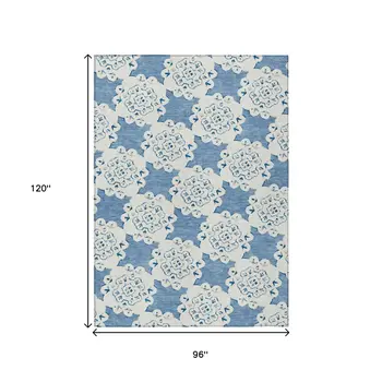 8' X 10' Blue And Ivory Quatrefoil Washable Indoor Outdoor Area Rug