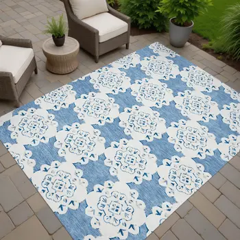 9' X 12' Blue And Ivory Quatrefoil Washable Indoor Outdoor Area Rug