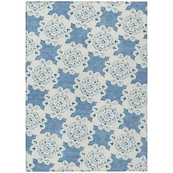 9' X 12' Blue And Ivory Quatrefoil Washable Indoor Outdoor Area Rug