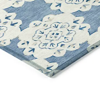 9' X 12' Blue And Ivory Quatrefoil Washable Indoor Outdoor Area Rug