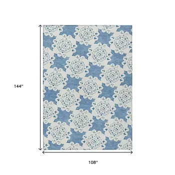 9' X 12' Blue And Ivory Quatrefoil Washable Indoor Outdoor Area Rug