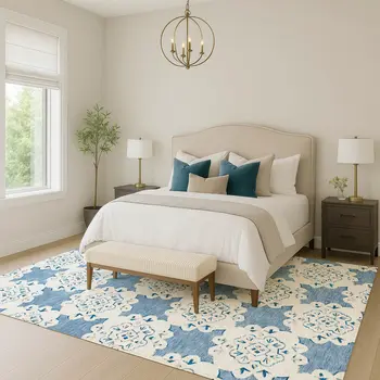 9' X 12' Blue And Ivory Quatrefoil Washable Indoor Outdoor Area Rug