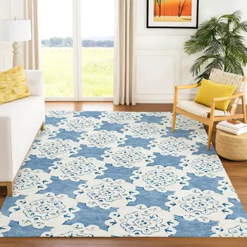 9' X 12' Blue And Ivory Quatrefoil Washable Indoor Outdoor Area Rug