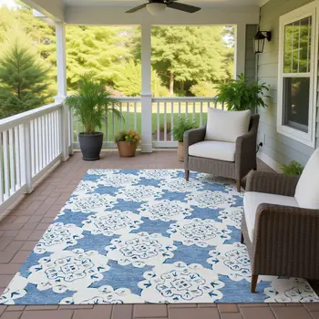 9' X 12' Blue And Ivory Quatrefoil Washable Indoor Outdoor Area Rug