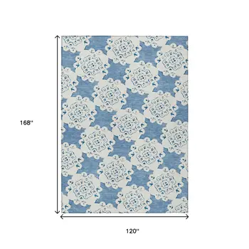 10' X 14' Blue And Ivory Quatrefoil Washable Indoor Outdoor Area Rug