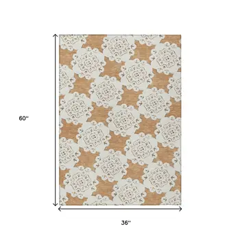 3' X 5' Copper And Ivory Quatrefoil Washable Indoor Outdoor Area Rug
