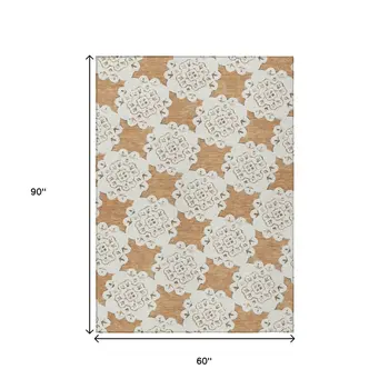 5' X 8' Copper And Ivory Quatrefoil Washable Indoor Outdoor Area Rug