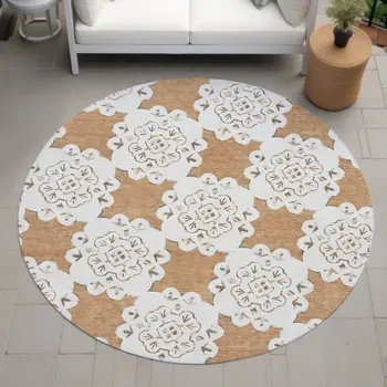 8' Copper And Ivory Round Quatrefoil Washable Indoor Outdoor Area Rug