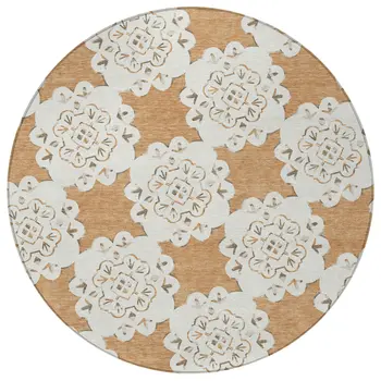 8' Copper And Ivory Round Quatrefoil Washable Indoor Outdoor Area Rug