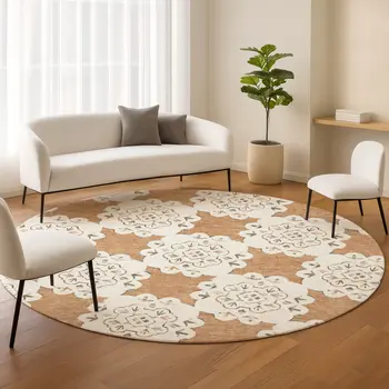 8' Copper And Ivory Round Quatrefoil Washable Indoor Outdoor Area Rug