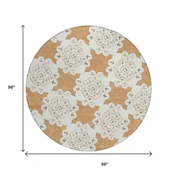 8' Copper And Ivory Round Quatrefoil Washable Indoor Outdoor Area Rug