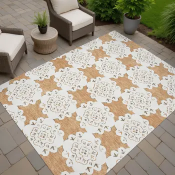 9' X 12' Copper And Ivory Quatrefoil Washable Indoor Outdoor Area Rug