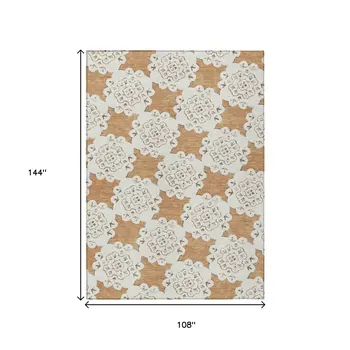 9' X 12' Copper And Ivory Quatrefoil Washable Indoor Outdoor Area Rug
