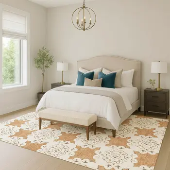 9' X 12' Copper And Ivory Quatrefoil Washable Indoor Outdoor Area Rug